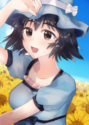 Rule 34 | 1girl, absurdres, alecia, arm up, black eyes, black hair, blue dress, blush, breasts, collarbone, commentary request, day, dress, field, flower, hat, highres, looking at viewer, open mouth, puffy short sleeves, puffy sleeves, shiina mayuri, short hair, short sleeves, sky, smile, solo, steins;gate, sunflower, thick eyebrows, upper body