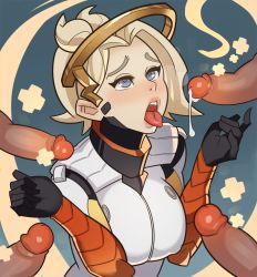 Rule 34 | 1girl, blonde hair, bukkake, cum, cum on body, cum on upper body, facial, halo, highres, mechanical halo, mercy (overwatch), open mouth, overwatch, overwatch 1, penis, solo focus, splashbrush, surrounded by penises, tongue, tongue out, uncensored