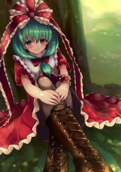 Rule 34 | 1girl, black pantyhose, boots, bow, brown footwear, commentary request, cross-laced footwear, dress, frilled bow, frills, front ponytail, green eyes, green hair, hair between eyes, hair bow, highres, kagiyama hina, lace-up boots, looking at viewer, medium hair, pantyhose, red dress, short sleeves, smile, solo, totolarc, touhou