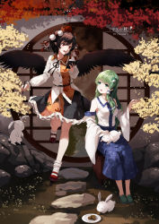 Rule 34 | 2girls, :d, animal, animal on lap, artist name, bare shoulders, black hair, black ribbon, black skirt, black wings, blue skirt, book, breasts, commentary request, detached sleeves, feathered wings, frog hair ornament, full body, green eyes, green footwear, green hair, hair ornament, hair tubes, hand up, hat, highres, holding, holding book, kochiya sanae, leaf print, leaf print, long hair, long sleeves, looking at another, mary janes, medium breasts, miniskirt, multiple girls, neck ribbon, on lap, open mouth, petticoat, plate, pointy ears, pom pom (clothes), puffy sleeves, rabbit, red eyes, red footwear, ribbon, rock, shameimaru aya, shirt, shoes, short hair, sidelocks, sitting, skirt, smile, snake hair ornament, snozaki, socks, standing, tassel, tokin hat, touhou, translation request, white legwear, white shirt, wings