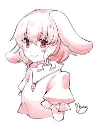 Rule 34 | 1girl, animal ears, carrot, closed mouth, commentary, inaba tewi, jewelry, mana (tsurubeji), monochrome, pendant, pink theme, puffy short sleeves, puffy sleeves, rabbit ears, shirt, short hair, short sleeves, signature, solo, touhou, upper body, wavy mouth