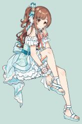 Rule 34 | 1girl, brown eyes, brown hair, closed mouth, dress, frilled cuffs, frilled dress, frills, full body, green background, green dress, hand up, highres, idolmaster, idolmaster shiny colors, index finger raised, invisible chair, knee up, long hair, looking at viewer, migolu, no socks, one side up, parted bangs, sandals, simple background, sitting, solo, toes, tsukioka kogane, wrist cuffs