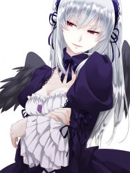 Rule 34 | 00s, 1girl, breasts, chito04, choker, cleavage, crossed arms, gothic lolita, hairband, lolita fashion, long hair, puffy sleeves, red eyes, rozen maiden, silver hair, smile, solo, suigintou, upper body, wings