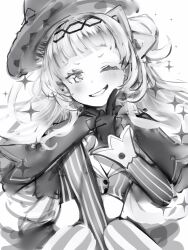 Rule 34 | 1girl, ;), absurdres, blunt bangs, capelet, gloves, greyscale, grin, hat, highres, hololive, index finger raised, long hair, long sleeves, monochrome, murasaki shion, nanashi (nlo), one eye closed, parted lips, pinstripe pattern, shirt, simple background, smile, solo, sparkle, striped clothes, striped shirt, vertical-striped clothes, vertical-striped shirt, virtual youtuber, witch hat