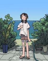 1girl black_eyes black_hair blue_sky bush day flower flower_pot fucca full_body grass highres holding holding_hose hose long_hair ocean open_mouth original outdoors red_shorts shirt shorts sky slippers solo standing sweatdrop tile_floor tiles water white_shirt