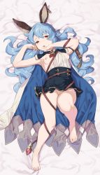 Rule 34 | 10s, 1girl, animal ears, armpits, bare arms, barefoot, between breasts, blue hair, blue skirt, breasts, breasts out, cape, commentary request, earrings, embarrassed, erune, ferry (granblue fantasy), granblue fantasy, hair between eyes, highres, jewelry, lips, long hair, looking at viewer, miniskirt, nipples, no panties, open mouth, rabbit ears, single earring, skirt, small breasts, solo, sunao (souis), wavy hair, whip, yellow eyes