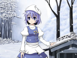 Rule 34 | 1girl, blue eyes, blue hair, bluepony, female focus, hat, letty whiterock, outdoors, plant, short hair, sky, snow, solo, standing, touhou, tree