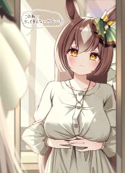 Rule 34 | 1girl, absurdres, alternate costume, animal ears, blurry, blurry background, breasts, brown hair, closed mouth, commentary request, highres, horse ears, horse girl, jewelry, large breasts, long hair, looking at mirror, mirror, necklace, ponta (1859ysmssstsp), satono diamond (umamusume), solo, translation request, umamusume, yellow eyes