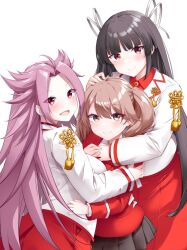 3girls black_hair brown_eyes brown_hair commentary_request hakama hiyou_(kancolle) hug jacket japanese_clothes jun&#039;you_(kancolle) kantai_collection kariginu kirigakure_(kirigakure_tantei_jimusho) long_hair magatama multiple_girls purple_eyes purple_hair red_eyes red_hakama ryuujou_(kancolle) simple_background smile spiked_hair twintails white_background white_jacket