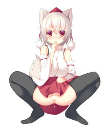 Rule 34 | 1girl, animal ears, anus, black thighhighs, blush, censored, clothes lift, detached sleeves, female focus, hat, inubashiri momiji, no panties, pussy, red eyes, skirt, skirt lift, solo, spread legs, squatting, tail, thighhighs, tokin hat, touhou, wolf ears, wolf tail, yanagi yuu