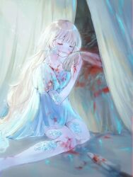 Rule 34 | 1girl, bed, blonde hair, blood, blood on bed, blood on clothes, blood on face, blood on hands, bloody weapon, blue dress, closed eyes, dress, glint, holding hands, indigo scarlet, long hair, original, puffy sleeves, scales, sitting, twitter username, weapon