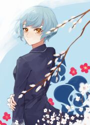 Rule 34 | 1girl, angela (project moon), blue background, blue coat, blue hair, branch, closed mouth, coat, frilled sleeves, frills, hand on own arm, highres, library of ruina, long sleeves, looking at viewer, project moon, short hair, simple background, solo, touu yaiba, upper body, yellow eyes