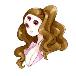 Rule 34 | 1girl, alternate eye color, alternate hairstyle, breasts, brown hair, charlotte pudding, cleavage, expressionless, extra eyes, large breasts, lips, long hair, looking at viewer, no bra, one piece, open clothes, open shirt, parted lips, pilokey, ponytail, red eyes, shiny skin, side ponytail, simple background, solo, third eye, upper body, very long hair, white background