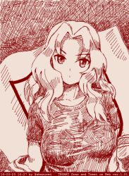 Rule 34 | 10s, 1girl, abazu-red, breasts, cowboy shot, dated, emblem, girls und panzer, jacket, jacket partially removed, kay (girls und panzer), large breasts, long hair, looking at viewer, monochrome, red theme, saunders (emblem), solo, tegaki, tegaki draw and tweet