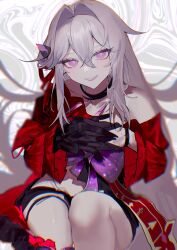 Rule 34 | 1girl, abstract background, absurdres, black gloves, black shorts, commentary request, crossed bangs, gloves, hair between eyes, hair intakes, highres, honkai (series), honkai impact 3rd, interlocked fingers, jacket, lips, long hair, looking at viewer, midriff, purple eyes, red jacket, ribbon hair ornament, shorts, single bare shoulder, smile, solo, thelema (honkai impact), thighs, us2 uoxo, white hair