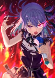 1girl blue_eyes blue_hair boku_no_edamame dress fire flaming_eye highres holding holding_microphone hololive hoshimachi_suisei hoshimachi_suisei_(casual) long_hair microphone music orange_nails singing sleeveless sleeveless_dress star_(symbol) star_in_eye symbol_in_eye virtual_youtuber