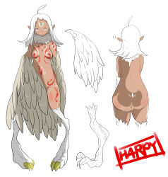 Rule 34 | 1girl, absurdres, ahoge, ass, bird legs, blush, bodypaint, completely nude, digitigrade, forehead jewel, grey feathers, grey wings, harpy, highres, hinekure-boy, long hair, monster girl, neck fur, nude, original, pointy ears, simple background, solo, talons, tan, white background, white eyes, white hair, wings