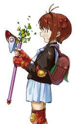 Rule 34 | 1girl, absurdres, antenna hair, backpack, bag, brown hair, cardcaptor sakura, elbow pads, feet out of frame, fingerless gloves, flower, from side, fuuin no tsue, gloves, hair bobbles, hair ornament, highres, holding, holding wand, ikeda pafe, kinomoto sakura, knee guards, knee pads, looking ahead, magic trick, miniskirt, neckerchief, one side up, open mouth, petals, pleated skirt, profile, red gloves, red guard, school uniform, short hair, simple background, skirt, solo, standing, surprised, tomoeda elementary school uniform, turtleneck, wand, white background, white neckerchief, winged wand, yellow flower
