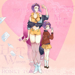 Rule 34 | 2girls, age difference, breasts, brown footwear, card, channelsquare, cowboy bebop, dual persona, english text, faye valentine, green eyes, heart, jacket, looking at object, multiple girls, purple hair, red jacket, size difference, skirt, white footwear