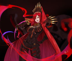 Rule 34 | 1girl, absurdres, armor, belt, black armor, black background, cape, chain, covered erect nipples, fang, fate (series), flaming eye, hair over one eye, hand on own hip, highres, holding, holding sword, holding weapon, lan xiezi, long hair, looking at viewer, oda nobunaga (fate), oda nobunaga (maou avenger) (fate), open mouth, over shoulder, red cape, red eyes, red hair, red lips, signature, skull, solo, standing, sword, sword over shoulder, teeth, tongue, upper teeth only, vambraces, very long hair, weapon, weapon over shoulder