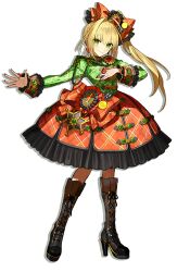Rule 34 | 1girl, aiguillette, badge, black footwear, blonde hair, boots, bow, character name, closed mouth, cross-laced footwear, earrings, fate/grand order, fate (series), frills, full body, green eyes, green shirt, hair bow, hair intakes, high heel boots, high heels, highres, jewelry, knee boots, lace-up boots, long hair, looking at viewer, lostroom outfit (fate), nero claudius (fate), nero claudius (fate) (all), nero claudius (fate/extra), official alternate costume, official art, orange bow, orange skirt, plaid, plaid bow, plaid shirt, plaid skirt, shirt, side ponytail, skirt, smile, solo, standing, star (symbol), transparent background, wada arco, waist bow