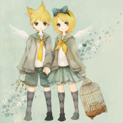Rule 34 | 1boy, 1girl, :&gt;, :&lt;, argyle, argyle clothes, argyle legwear, bad id, bad pixiv id, blonde hair, blue eyes, brother and sister, cage, hair ornament, hairclip, hetero, holding hands, kagamine len, kagamine rin, key, keyring, necktie, patterned legwear, pechika, ribbon, short hair, shorts, siblings, skirt, socks, triangle mouth, twins, vocaloid, wings, yellow necktie