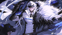 Rule 34 | 1boy, aiguillette, alchemy stars, arm up, barton (alchemy stars), black gloves, black necktie, black panther, blue eyes, buttons, coat, collared shirt, dated, double-breasted, dual wielding, fur-trimmed coat, fur trim, gloves, grin, gun, hat, highres, holding, holding gun, holding sword, holding weapon, long hair, long sleeves, looking at viewer, male focus, necktie, one eye closed, panther, peaked cap, scar, scar across eye, sharp teeth, shirt, smile, solo, sword, teeth, upper body, weapon, white coat, white hair, white hat, ye zi (user rctc4832)