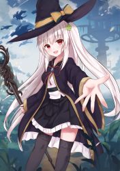 Rule 34 | 1girl, :d, black coat, black hat, black skirt, black thighhighs, blush, bow, cloud hair, coat, dragon, floating hair, frilled skirt, frills, hat, hat bow, highres, holding, holding staff, long hair, long sleeves, looking at viewer, miniskirt, neck ribbon, open mouth, original, outdoors, red eyes, red ribbon, ribbon, silver hair, skirt, smile, solo, staff, standing, thighhighs, touhourh, twintails, very long hair, wide sleeves, witch hat, yellow bow, zettai ryouiki