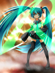 Rule 34 | 1girl, alric, bare shoulders, detached sleeves, glowstick, green eyes, green hair, hatsune miku, kamen rider, kamen rider black rx (series), long hair, looking at viewer, matching hair/eyes, necktie, parody, skirt, solo, spring onion, thighhighs, twintails, very long hair, vocaloid