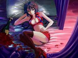 Rule 34 | 1girl, alcohol, bed, black panties, bottle, breasts, brown hair, cleavage, haya-g, high heels, ikusotsu, legs, lying, meiko (vocaloid), midriff, nail polish, on back, panties, pantyshot, petals, pillow, red eyes, red nails, satin, shoes, short hair, solo, thighhighs, underwear, vocaloid