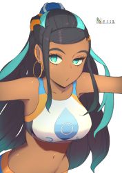 Rule 34 | 1girl, arms up, bare shoulders, black hair, blue eyes, blue hair, breasts, character name, closed mouth, collarbone, creatures (company), dark-skinned female, dark skin, earclip, earrings, english text, female focus, forehead, game freak, hair ornament, hairclip, half-closed eye, hoop earrings, jewelry, large breasts, leaning forward, long hair, looking at viewer, midriff, multicolored hair, navel, nessa (pokemon), nintendo, o3o, pokemon, pokemon swsh, raised eyebrow, shisha no karada, sidelocks, simple background, slit pupils, solo, sports bra, stomach, streaked hair, two-tone hair, uneven eyes, upper body, white background