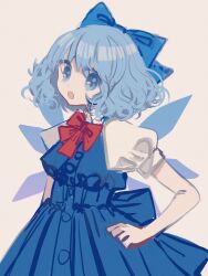 Rule 34 | 1girl, :o, absurdres, back bow, blue bow, blue dress, blue eyes, blue hair, bow, bowtie, cirno, collared shirt, cowboy shot, detached wings, dress, hair bow, hand on own hip, head tilt, highres, large bow, looking at viewer, open mouth, pinafore dress, puffy short sleeves, puffy sleeves, red bow, red bowtie, shirt, shocho (shaojiujiu), short sleeves, simple background, sleeveless, sleeveless dress, solo, touhou, white background, white shirt, wings