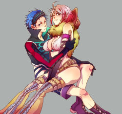 Rule 34 | 1boy, 1girl, 9wa, belt, blue eyes, blue hair, brown eyes, gradient hair, grey background, hat, hubert ozwell, multicolored hair, official alternate costume, pascal (tales), red hair, short shorts, shorts, sitting, sitting on lap, sitting on person, tales of (series), tales of graces, white hair