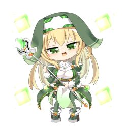 Rule 34 | 1girl, :d, blonde hair, blush, blush stickers, boots, breasts, character request, chibi, coif, commentary request, cube, dress, full body, green coif, green dress, green footwear, green thighhighs, holding, holding staff, hop step jumpers, juliet sleeves, large breasts, lets0020, long hair, long sleeves, looking at viewer, multicolored clothes, multicolored dress, nun, open mouth, pelvic curtain, puffy sleeves, smile, solo, staff, thighhighs, transparent background, white dress