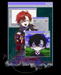 Rule 34 | 1boy, absurdres, black background, black hair, closed eyes, error message, glitch, hair between eyes, highres, holding, holostars, holostars english, jacket, looking at viewer, machina x flayon, male focus, mechanical tail, microsoft paint (software), minesweeper, nonsensemanna, open mouth, pale skin, pixelated, portrait, red hair, red jacket, short hair, tail, virtual youtuber, window (computing)