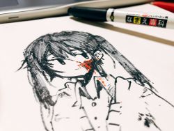Rule 34 | 1girl, blood, blood on face, closed mouth, collared shirt, commentary request, greyscale, highres, marker, marker (medium), monochrome, original, outo eguchi, paper (medium), photo (medium), shirt, shirt under sweater, solo, spot color, traditional media, twintails
