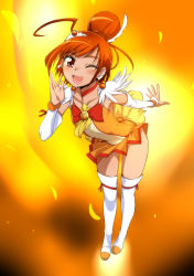 Rule 34 | 10s, 1girl, ;d, ahoge, boots, cure sunny, detached sleeves, eyelashes, ez6, fiery background, fire, hino akane (smile precure!), looking at viewer, magical girl, miniskirt, one eye closed, open mouth, orange skirt, orange theme, precure, red eyes, red hair, skirt, smile, smile precure!, solo, thigh boots, thighhighs, tiara, wink