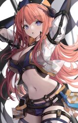 Rule 34 | 1girl, :o, absurdres, arknights, arms up, bagpipe (arknights), bagpipe (queen no. 1) (arknights), blue shorts, breasts, cleavage, commentary request, cowboy shot, crop top, hat, highres, horns, large breasts, long hair, looking at viewer, midriff, navel, official alternate costume, open mouth, orange hair, pouch, purple eyes, short shorts, shorts, solo, standing, stomach, stratoz, thigh strap, thighs, very long hair