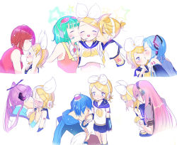 Rule 34 | 3boys, 5girls, ^ ^, arm tattoo, bad id, bad pixiv id, blush, closed eyes, embarrassed, food, food on head, gumi, hagi (artist), hand on another&#039;s head, hatsune miku, holding another&#039;s wrist, ice cream, kagamine len, kagamine rin, kaito (vocaloid), kamui gakupo, kiss, kissing cheek, kissing forehead, kissing hand, kissing neck, megurine luka, meiko (vocaloid), multiple boys, multiple girls, multiple views, object on head, one eye covered, simple background, spill, standing, surprised, swept bangs, tattoo, vocaloid, white background