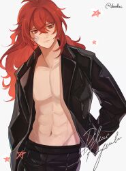 Rule 34 | 1boy, bandaid, bandaid on cheek, bandaid on face, black pants, black shirt, closed mouth, diluc (genshin impact), doveluc, genshin impact, hair between eyes, highres, long hair, long sleeves, male focus, muscular, muscular male, navel, open clothes, open shirt, pants, red eyes, red hair, shirt, solo, star (symbol), stomach, twitter username