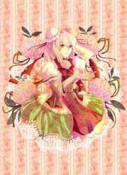 Rule 34 | 1girl, adapted costume, arm behind head, azumi-kun, bandages, bow, doily, double bun, dress, floral background, flower, ibaraki kasen, lace, lace-trimmed skirt, lace trim, layered dress, leaf, light smile, looking at viewer, no legs, peony (flower), pink hair, puffy short sleeves, puffy sleeves, red eyes, short hair, short sleeves, skirt, striped, striped background, tabard, touhou, vertical stripes