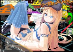 Rule 34 | 1girl, alicia solid, bare shoulders, black footwear, black panties, blonde hair, blouse, blue eyes, bow, braid, breasts, choker, closed mouth, covered erect nipples, date (mamanonamaebot), detached sleeves, dice, dress, eyebrows hidden by hair, from behind, hair bow, highres, holographic interface, knees up, long hair, looking at viewer, looking back, lying, mary janes, niconi solid, on back, panties, shirt, shoes, sideboob, small breasts, smile, solo, striped clothes, striped thighhighs, thighhighs, underwear, white shirt