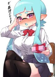 Rule 34 | 1girl, aqua hair, aqua tongue, black thighhighs, blue skirt, blunt bangs, blush, bow, bowtie, chair, commentary, dress shirt, frown, giving, hand in own hair, highres, inkling, inkling player character, knee up, long hair, long sleeves, looking at viewer, miniskirt, nintendo, on chair, open mouth, penguin maru (penginmaru), pleated skirt, pointy ears, purple eyes, red bow, red bowtie, school chair, school uniform, shirt, simple background, sitting, skirt, solo, splatoon (series), tentacle hair, thighhighs, translated, valentine, white background, white shirt, wing collar