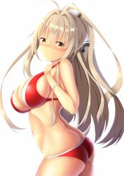 Rule 34 | 10s, 1girl, ahoge, amagi brilliant park, ass, bikini, blush, breasts, brown eyes, brown hair, butt crack, cleavage, hair ribbon, highres, large breasts, legs, long hair, looking at viewer, looking back, o-ring bottom, ponytail, red bikini, ribbon, sento isuzu, silver hair, skindentation, solo, standing, swimsuit, thighs, very long hair, white background, yellow eyes, zukky