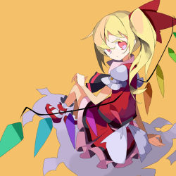 Rule 34 | 1girl, bad id, bad pixiv id, blonde hair, blouse, female focus, flandre scarlet, long hair, red eyes, shirt, side ponytail, simple background, solo, touhou, tulaca (pixiv), white shirt, wings, yellow background