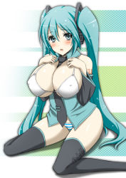 Rule 34 | 1girl, :o, alternate breast size, aqua eyes, aqua hair, bare shoulders, between breasts, black necktie, black thighhighs, blush, breast suppress, breasts, covered erect nipples, detached collar, detached sleeves, full body, green shirt, hatsune miku, large breasts, long hair, looking at viewer, necktie, necktie between breasts, panties, shirt, sitting, solo, striped clothes, striped panties, thighhighs, twintails, underwear, very long hair, vocaloid, wakame, wariza