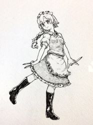 Rule 34 | 1girl, alternate hairstyle, apron, between fingers, blush, boots, braid, closed mouth, full body, greyscale, highres, holding, holding knife, izayoi sakuya, knife, long hair, looking at viewer, maid, maid headdress, mashimashi, monochrome, short sleeves, single braid, smile, solo, standing, standing on one leg, touhou, traditional media, waist apron