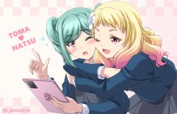 Rule 34 | 2girls, blonde hair, blush, braid, character name, commentary, english text, gradient hair, green hair, highres, holding, holding tablet pc, hug, hug from behind, long hair, love live!, love live! superstar!!, multicolored hair, multiple girls, musashiya chougenbou, one eye closed, onitsuka natsumi, onitsuka tomari, pink hair, red eyes, school uniform, siblings, sisters, smile, tablet pc, twin braids, twintails, twitter username, upper body, yuigaoka school uniform