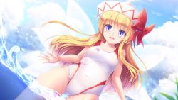 Rule 34 | 1girl, bare arms, bare legs, bare shoulders, blonde hair, blue eyes, blush, competition swimsuit, cowboy shot, day, dutch angle, fairy, fairy wings, hat, highres, lily white, long hair, lzh, one-piece swimsuit, open mouth, smile, solo, swimsuit, touhou, water, white hat, white one-piece swimsuit, wings