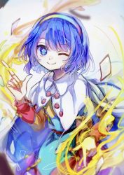 Rule 34 | 1girl, ;), bad id, bad twitter id, blue eyes, blue hair, cape, closed mouth, hairband, highres, index finger raised, long sleeves, looking at viewer, multicolored clothes, multicolored hairband, one eye closed, short hair, simple background, smile, solo, tarutsu, tenkyuu chimata, touhou, upper body, white background, white cape